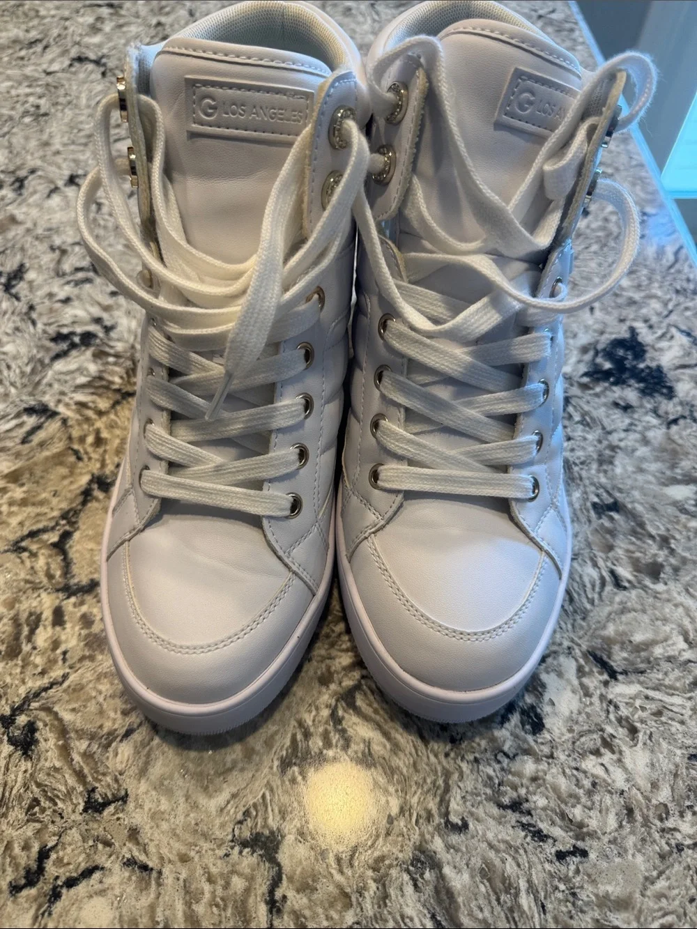 GBG Los Angeles White Quilted High-Top Sneakers with Gold G Accent